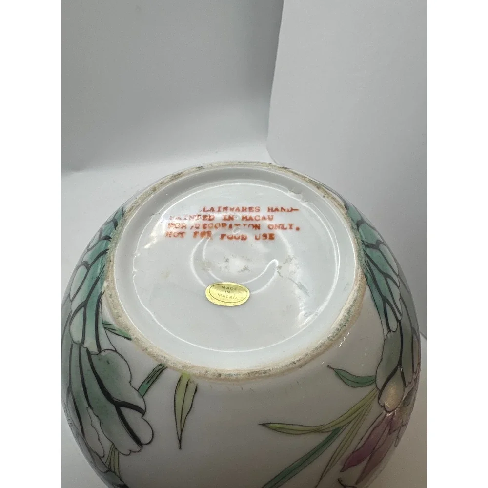Vintage Porcelain Vase Oriental Bird Lotus Floral Design Macau Decor